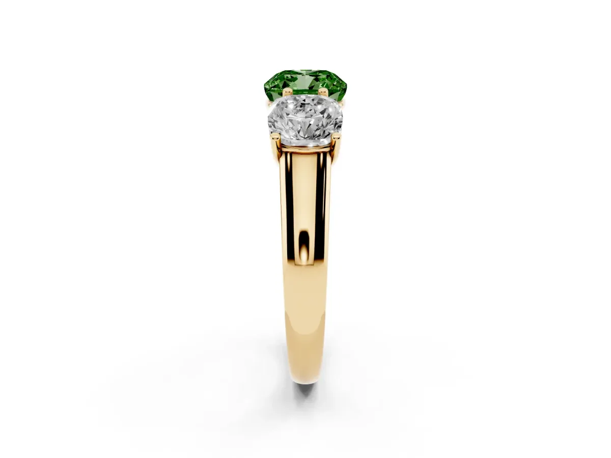 Fancy Green Cushion Cut Three-Stone Diamond Ring with Prong Setting on a Classic Band Yellow gold