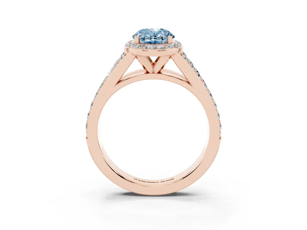 Fancy Blue Oval Cut Diamond Split Shank Halo Ring with Four-Prong Setting Rose gold