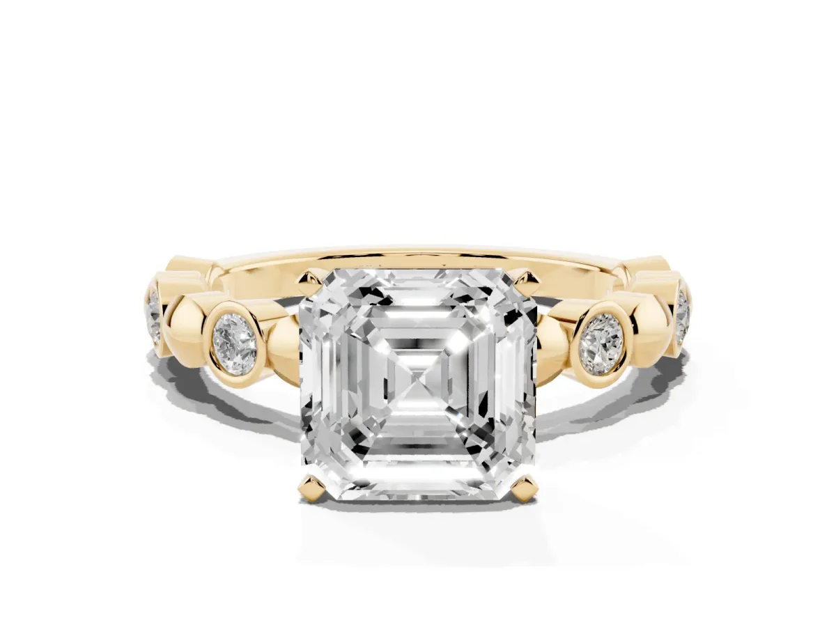 Asscher Cut Solitaire Bezel-Set Diamond Ring with Beaded Band and Four-Prong Setting Yellow gold