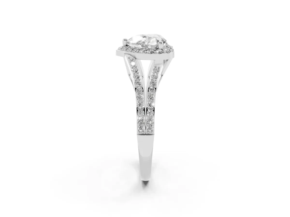 Heart Cut Halo Split Shank Pave Diamond Ring with Four-Prong Setting Silver