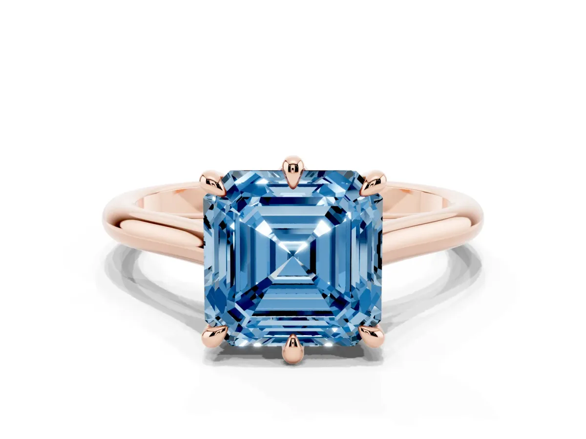 Fancy Blue Asscher Cut Solitaire Engagement Ring with Six-Prong Setting and Classic Band Rose gold