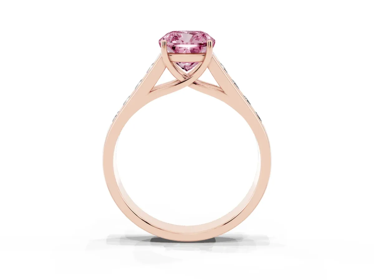 Fancy Pink Cushion Cut Brilliant Channel-Set Solitaire Ring with Four-Prong Setting Rose gold