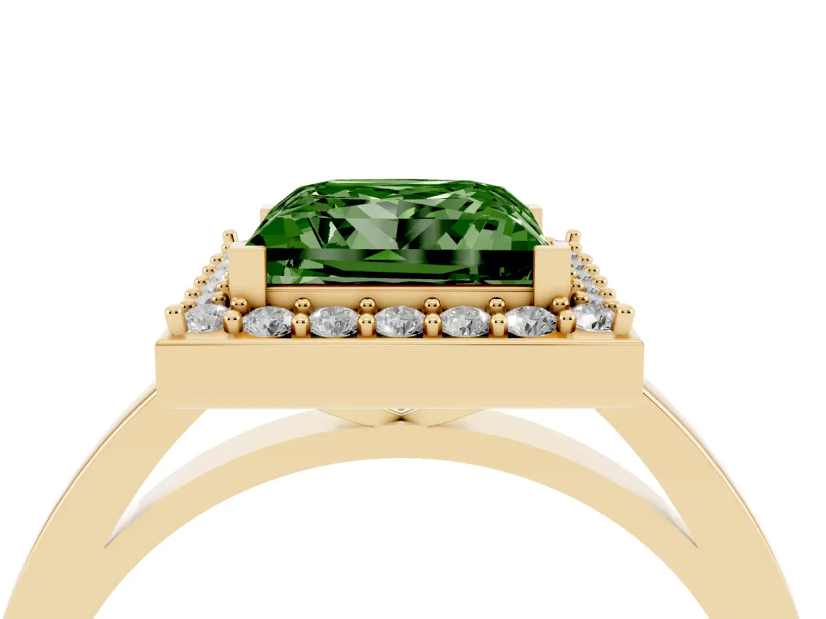 Fancy Green Princess Cut Halo Diamond Ring with Solitaire Band and Prong Setting Yellow gold