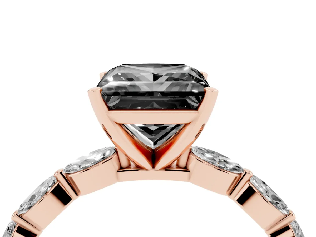 Fancy Black Princess Cut Diamond Ring with Marquise Side Stones and Prong Setting Rose gold