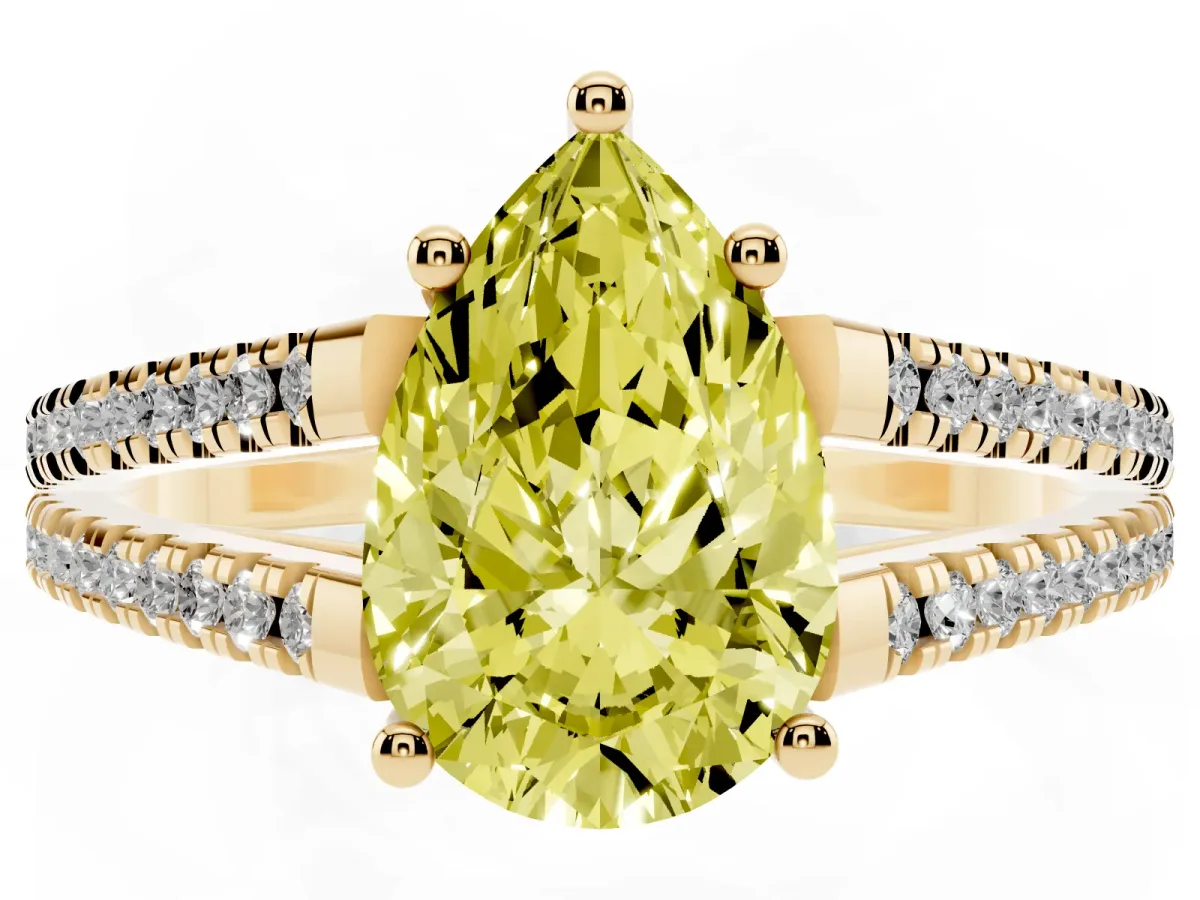 Fancy Yellow Pear Cut Diamond Solitaire Engagement Ring with Split Shank Pavé Band Yellow gold
