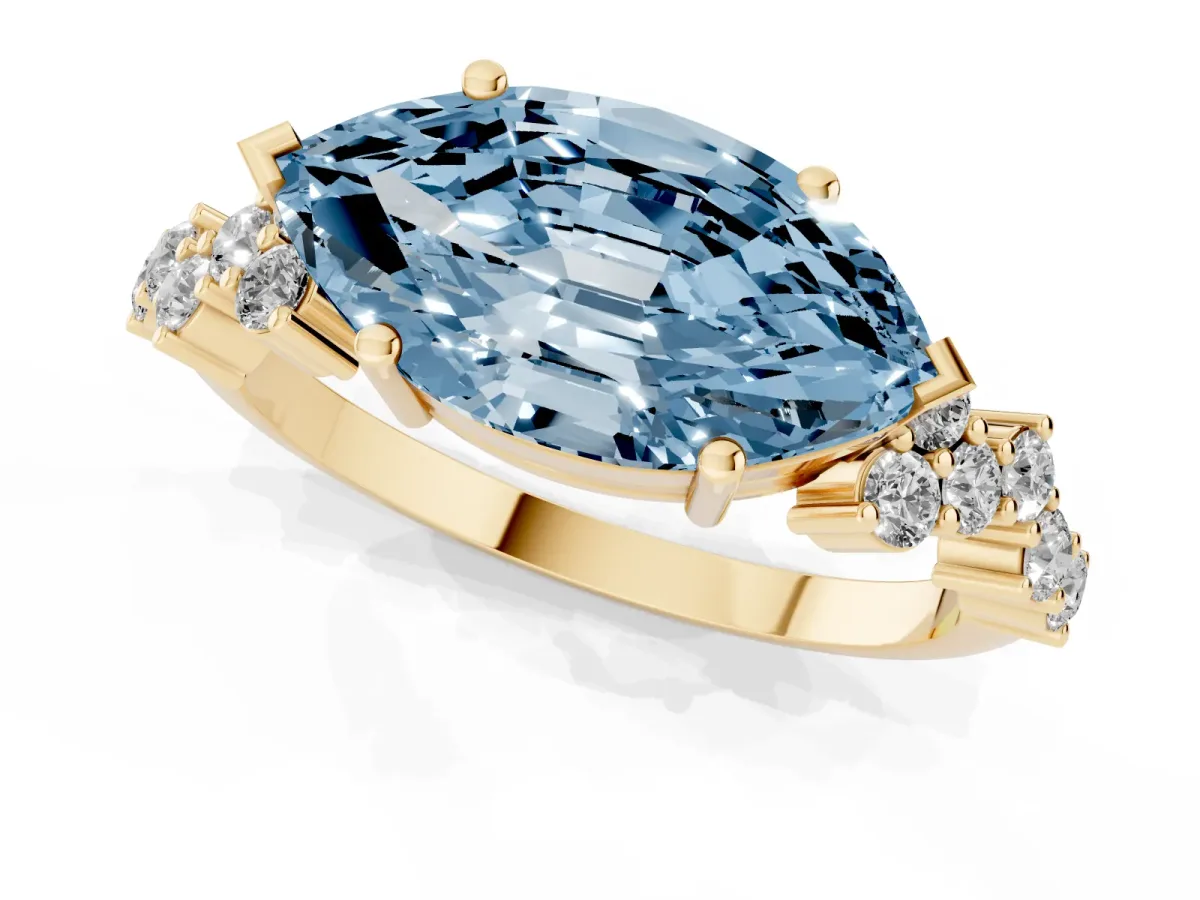 Fancy Blue Marquise Cut Diamond Scattered Round Accent Ring with Prong Setting Yellow gold