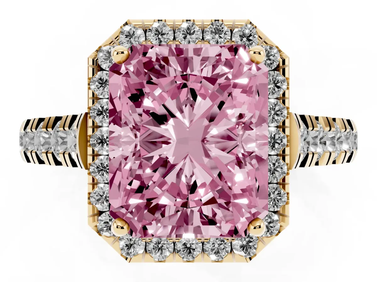 Fancy Pink Radiant Cut Halo Pavé Diamond Engagement Ring with Four-Prong Setting Yellow gold