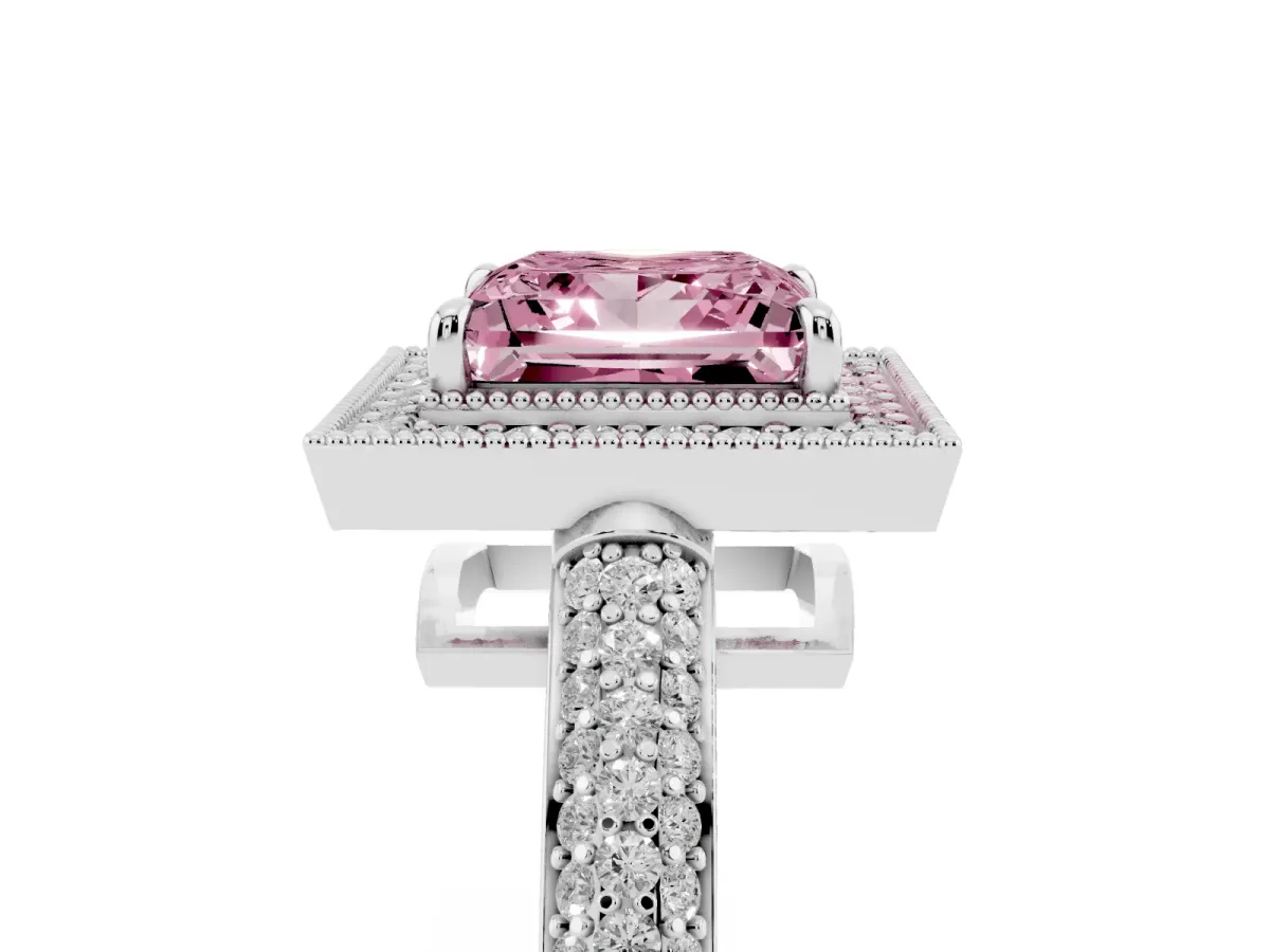 Fancy Pink Princess Cut Cut Halo Diamond Pave Band with Four-Prong Setting Silver