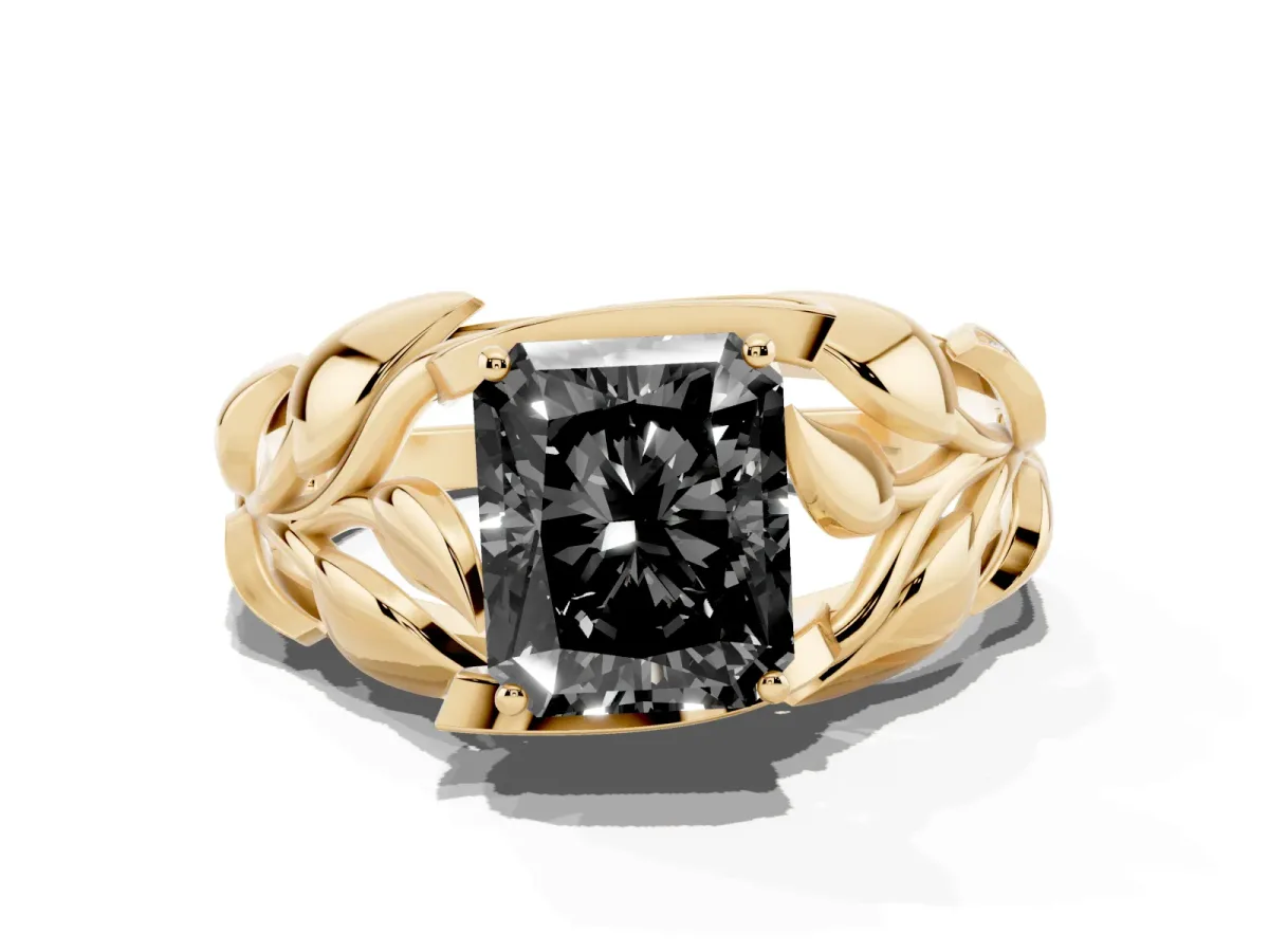 Fancy Black Radiant Cut Diamond Leaf-Inspired Engagement Ring with Round Accents and Prong Setting Yellow gold