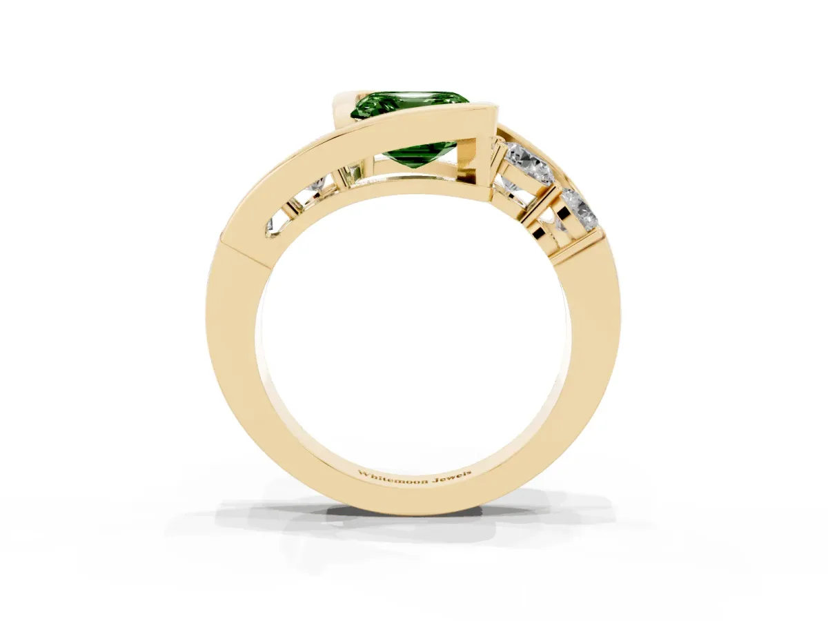 Fancy Green Bezel Set Asscher Cut Diamond Bypass Ring with Round Accents Yellow gold