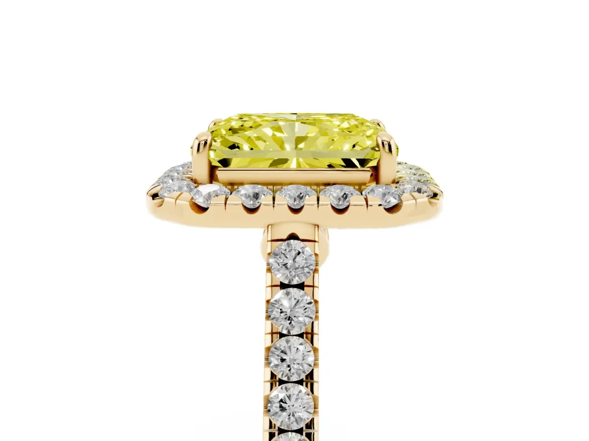 Fancy Yellow Radiant Cut Halo Pave Diamond Engagement Ring with Four-Prong Setting Yellow gold