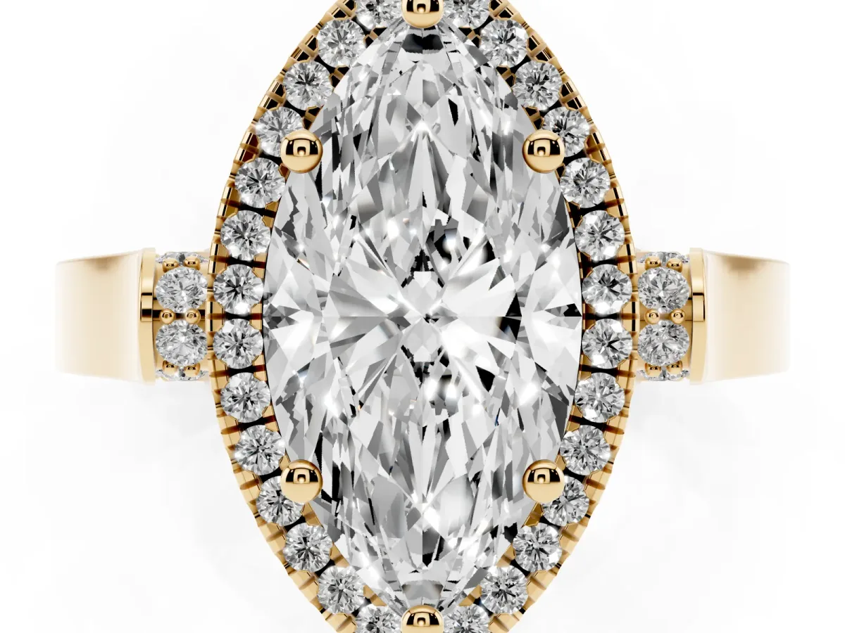 Marquise Cut Halo Round Diamond Twist Band with Four-Prong Setting Yellow gold