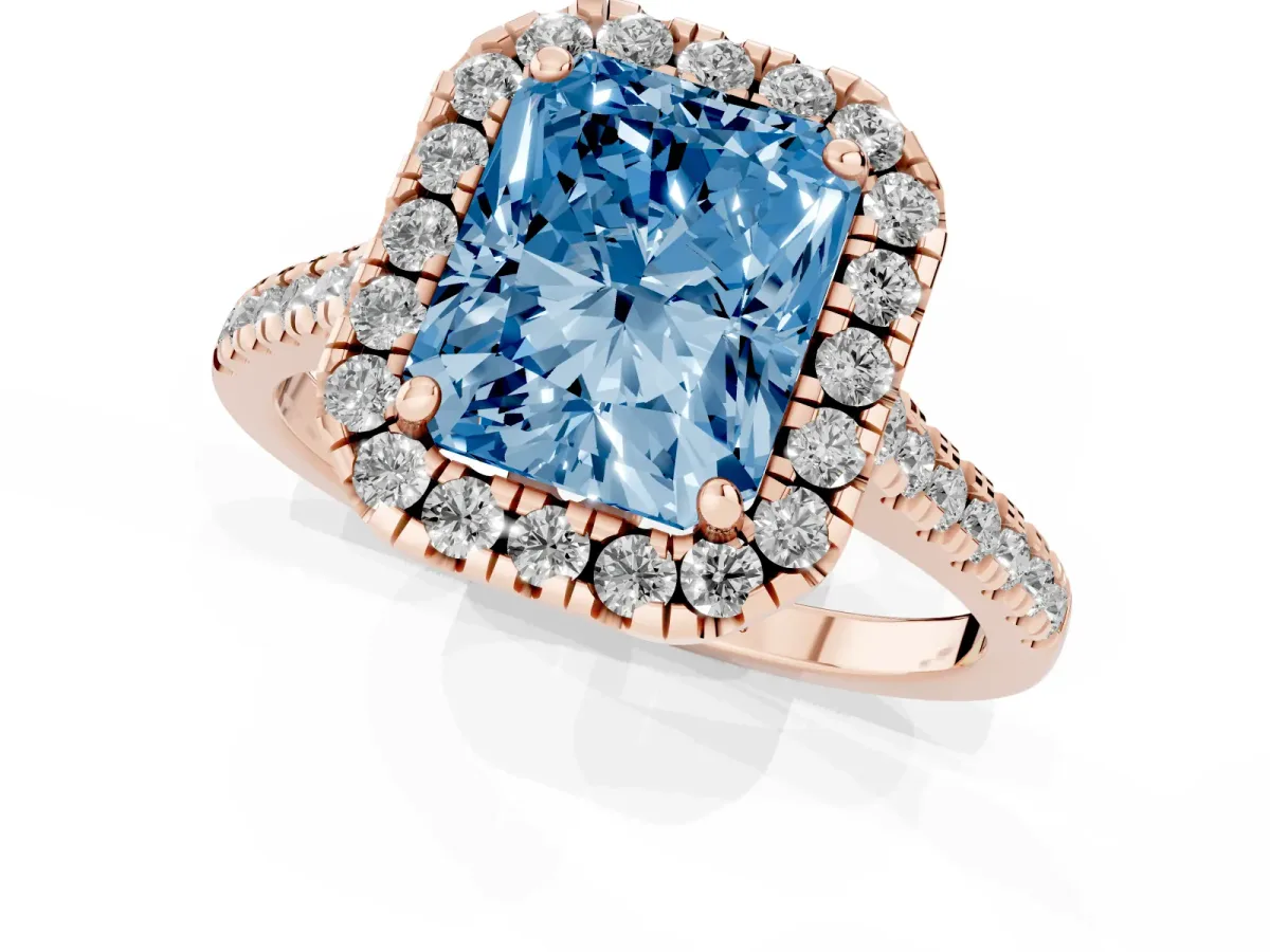Fancy Blue Radiant Cut Diamond Cushion Halo Ring with Pavé Band Rose gold