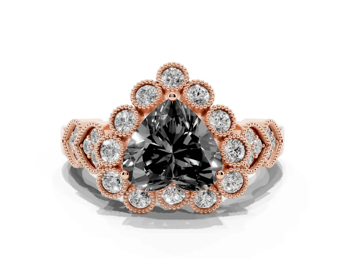 Fancy Black Heart Cut Brilliant Milgrain Pave Heart Band Solitaire Ring Rose gold