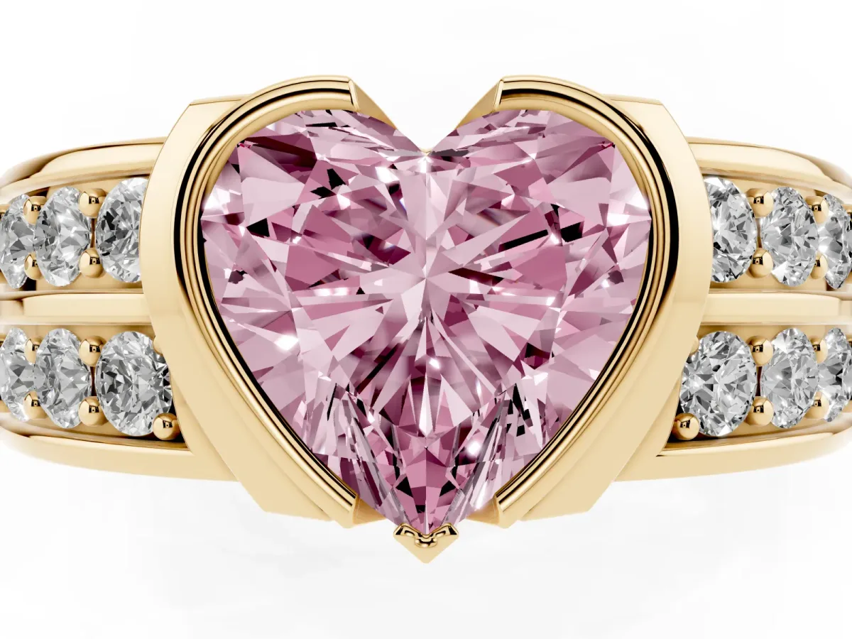Fancy Pink Heart Cut Brilliant Diamond Channel Set Wide Band Ring with Bezel Setting Yellow gold