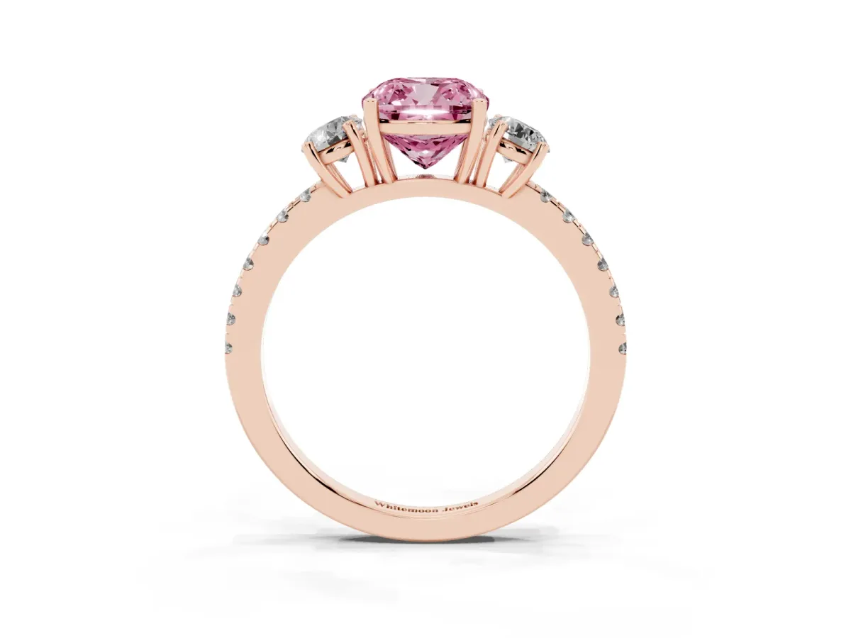 Fancy Pink Three-Stone Cushion Cut Cut Diamond Pavé Band with Prong Setting Rose gold