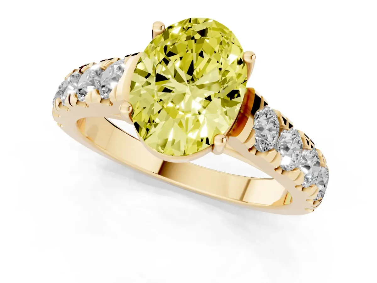 Fancy Yellow Oval Cut Cut Diamond Solitaire Ring with Micro Pave Band and Prong Setting Yellow gold