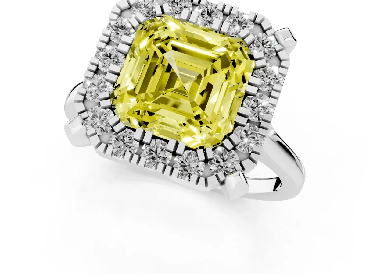 Fancy Yellow Asscher Cut Diamond Cluster Halo Solitaire with Four-Prong Setting Silver