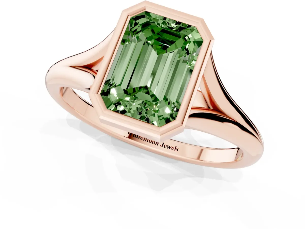 Fancy Green Bezel Set Emerald Cut Cut Solitaire Ring with Tapered Band Rose gold