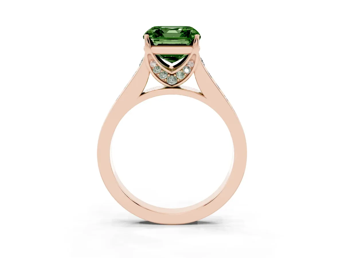 Fancy Green Asscher Cut Brilliant Cut Diamond Engagement Ring with Pavé Band and Four-Prong Setting Rose gold