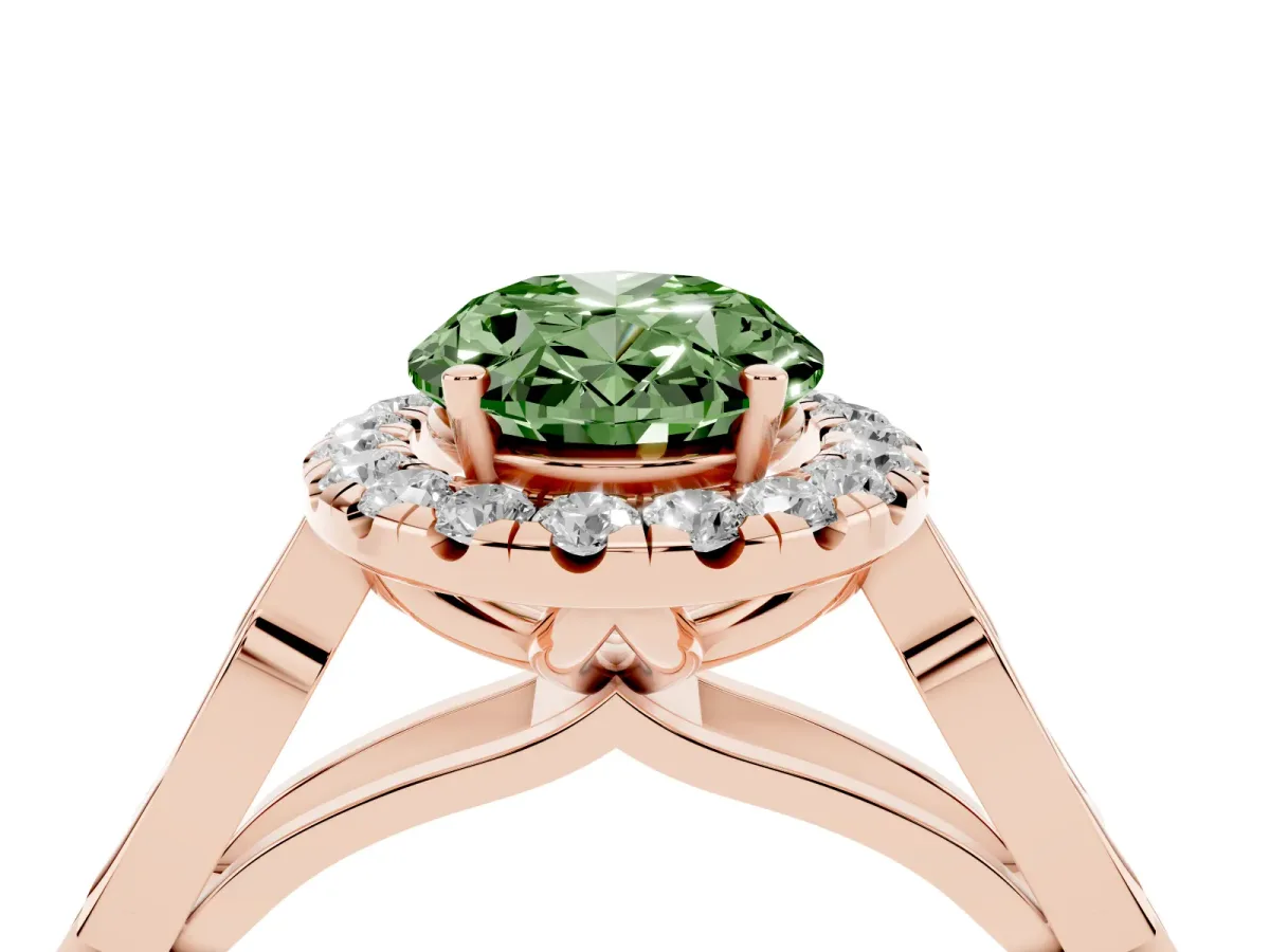 Fancy Green Oval Cut Halo Diamond Engagement Ring with Filigree Band and Four-Prong Setting Rose gold