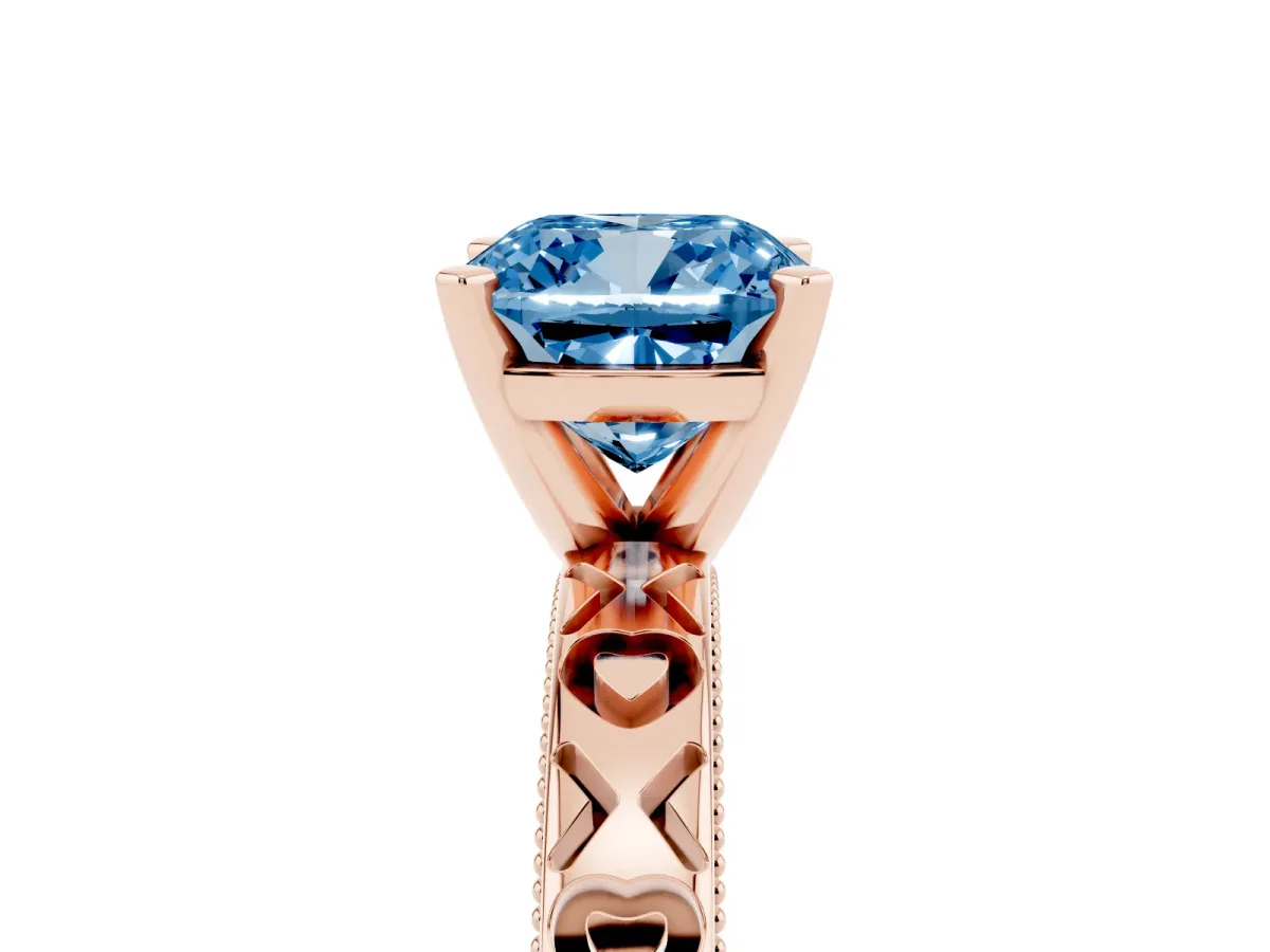 Fancy Blue Cushion Cut Solitaire Diamond Engagement Ring with XO Engraved Band and Four-Prong Setting Rose gold