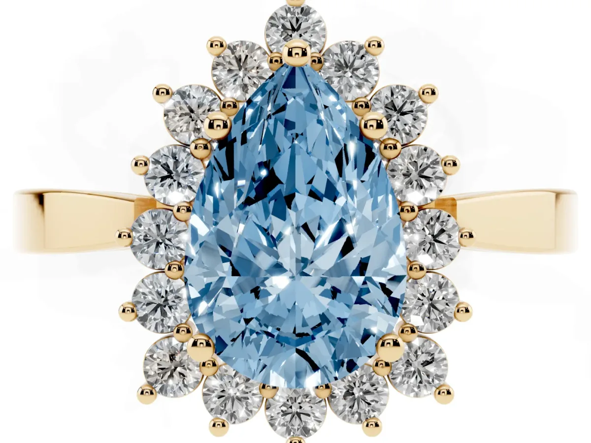 Fancy Blue Pear Cut Cut Diamond Halo Ring with Round Brilliant Halo and Solitaire Band Yellow gold