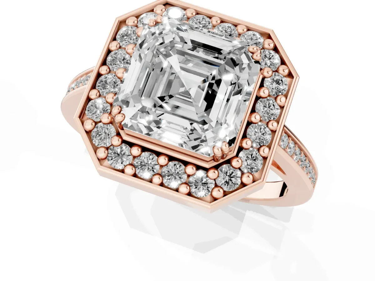 Asscher Cut Diamond Halo Ring with Split Shank and Four-Prong Setting Rose gold