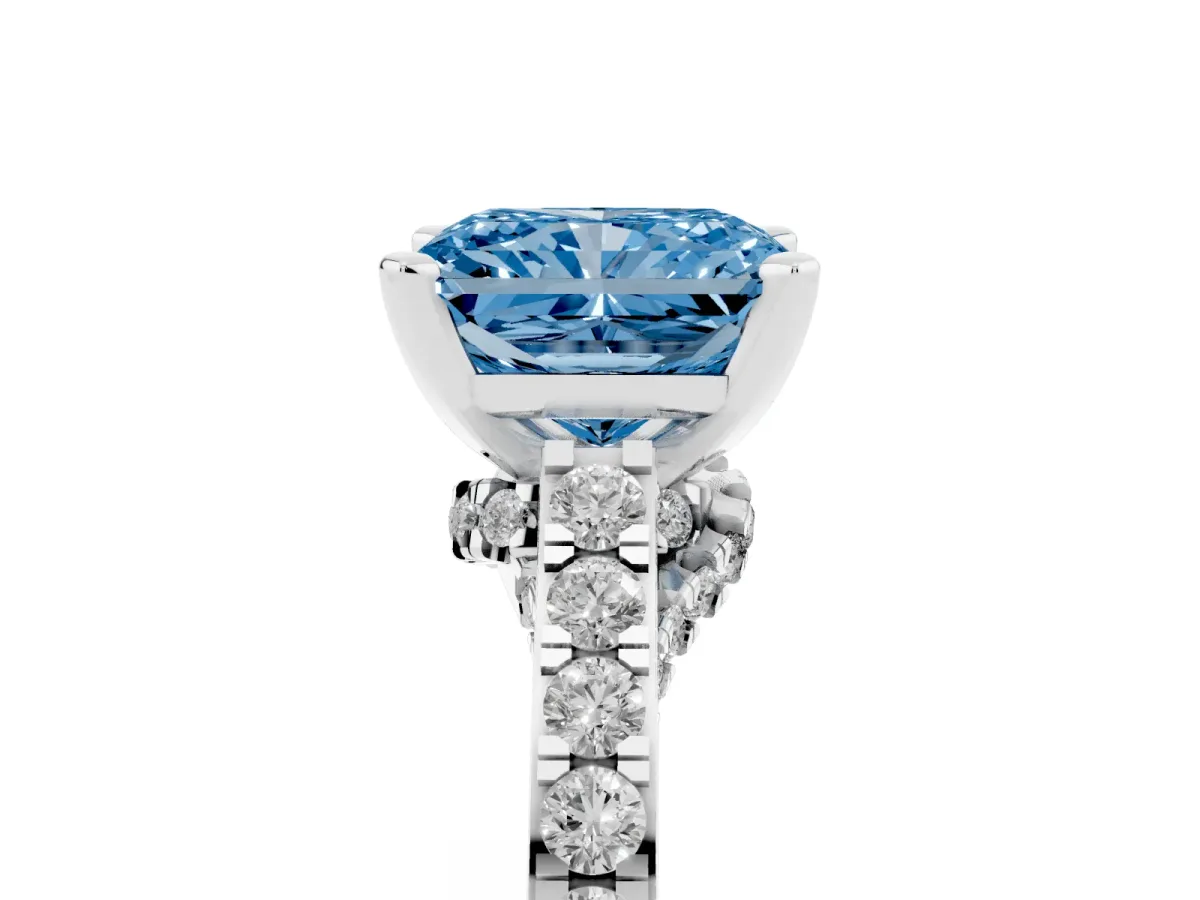 Fancy Blue Radiant Cut Diamond Solitaire Ring with Crossover Gallery and Round Pavé Band Platinum