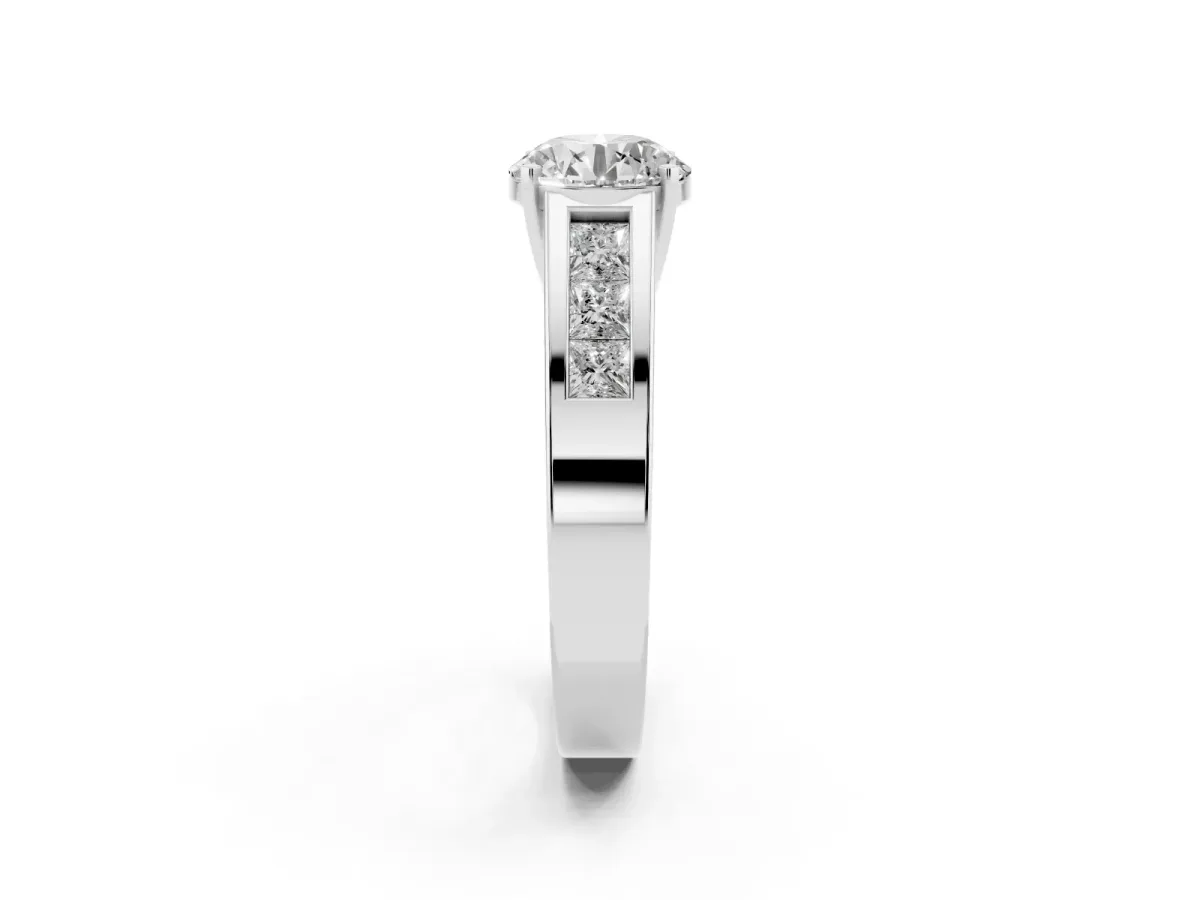 Round Cut Cut Channel Set Solitaire Ring with Four-Prong Setting Silver