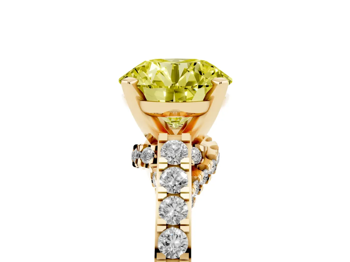 Fancy Yellow Round Cut Diamond Solitaire Ring with Crossover Gallery and Round Pavé Band Yellow gold