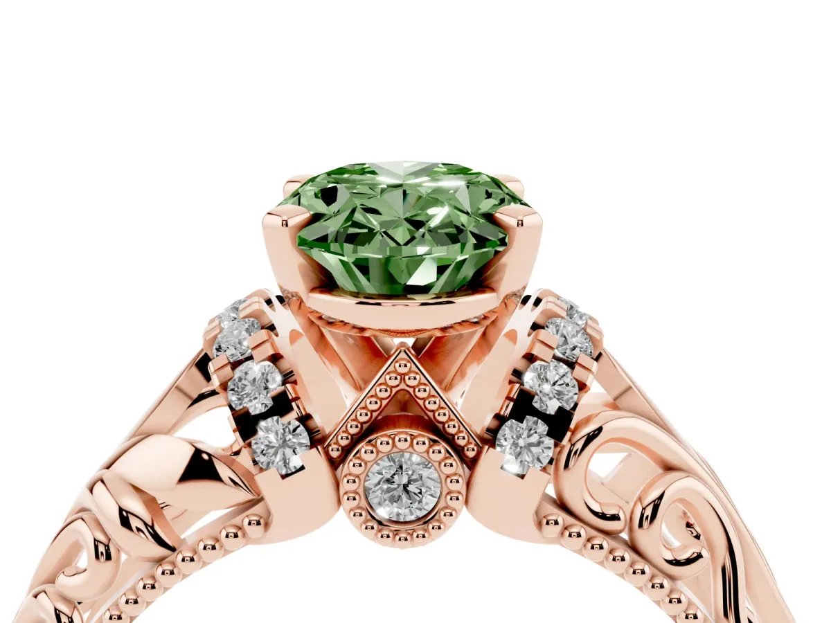 Fancy Green Oval Cut Solitaire Filigree Engagement Ring with Halo and Prong Setting Rose gold