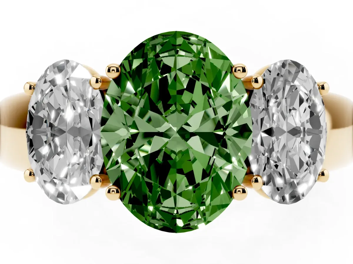 Fancy Green Three-Stone Oval Cut Cut Diamond Ring with Prong Setting and Classic Band Yellow gold