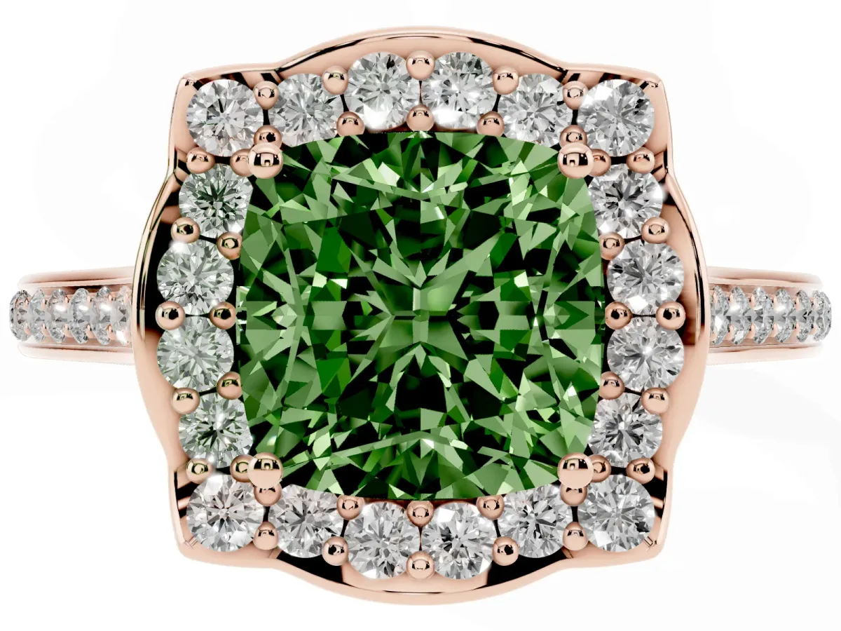 Fancy Green Cushion Cut Halo Round Diamond Pave Band with Four-Prong Setting Rose gold