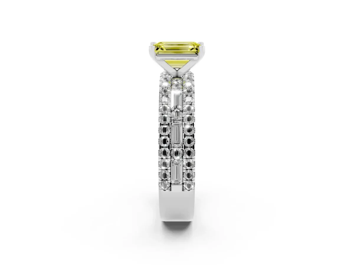Fancy Yellow Emerald Cut Diamond Solitaire Ring with Pavé and Channel Set Band Silver