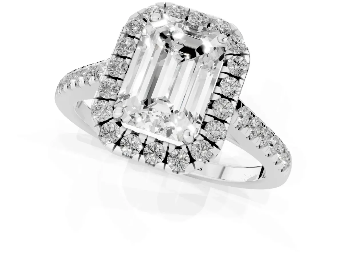 Emerald Cut Halo Pave Diamond Engagement Ring with Four-Prong Setting Platinum