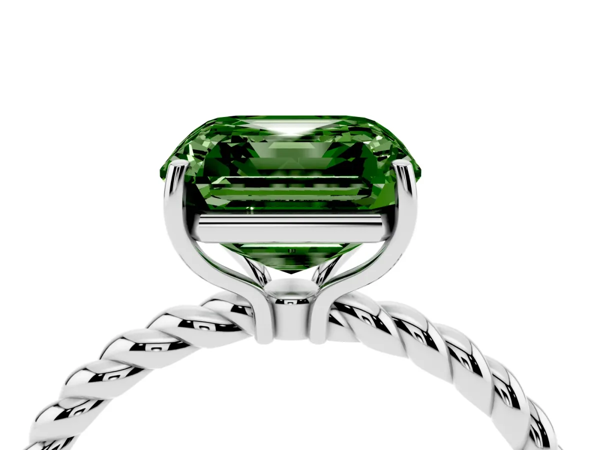 Fancy Green Asscher Cut Solitaire Twist Band Ring with Four-Prong Setting Silver