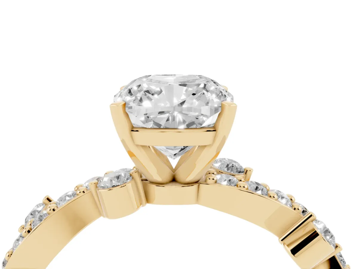 Cushion Cut Cut Solitaire Diamond Twisted Band with Pave Setting Yellow gold