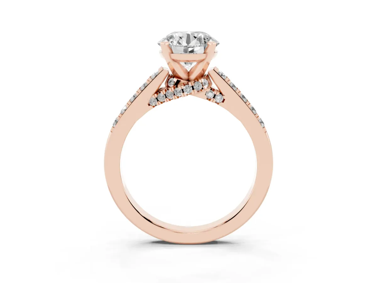 Round Cut Diamond Solitaire Ring with Crossover Gallery and Round Pavé Band Rose gold