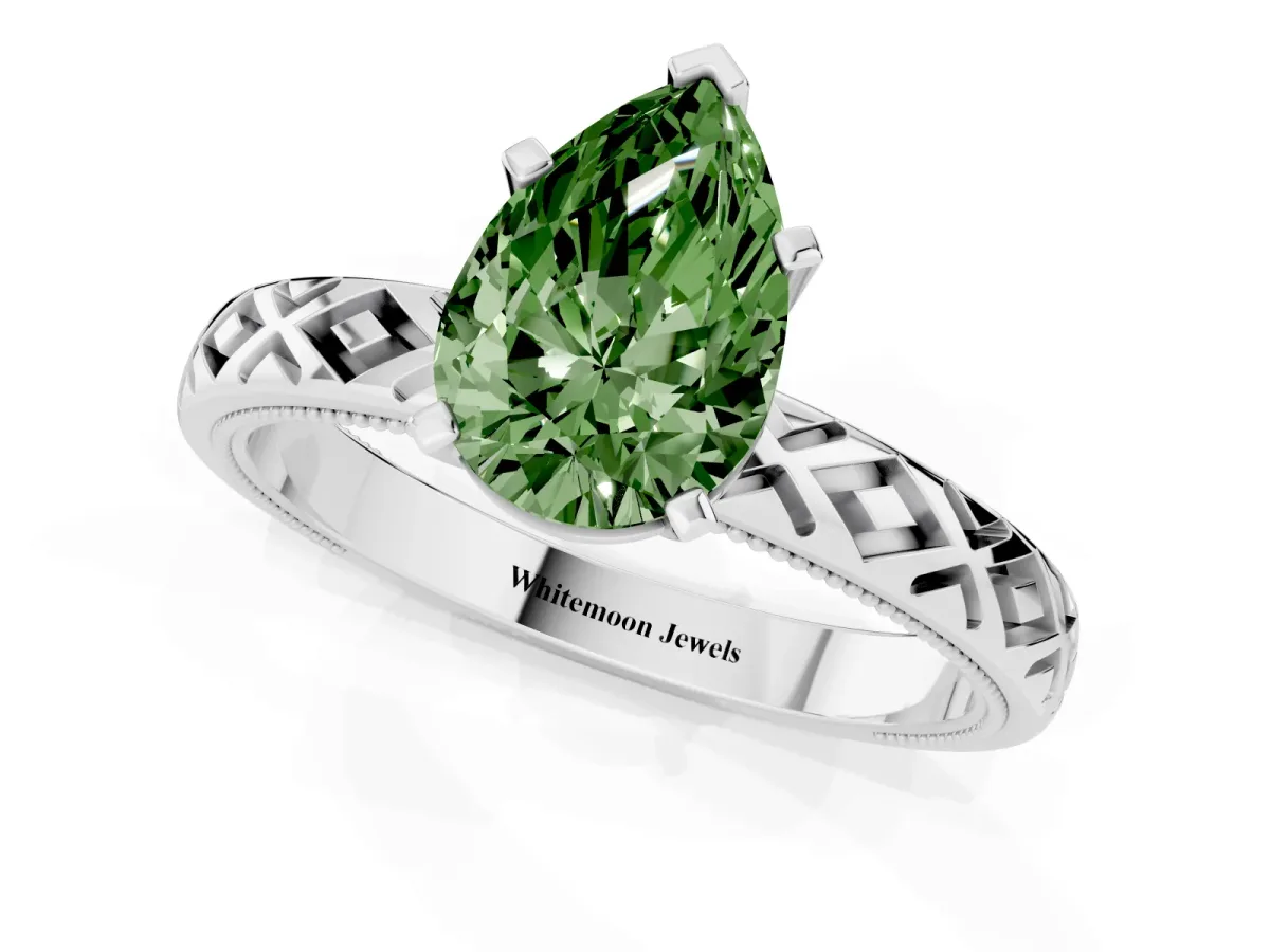 Fancy Green Pear Cut Solitaire Diamond Ring with Milgrain and Black Enamel X Pattern Band Silver