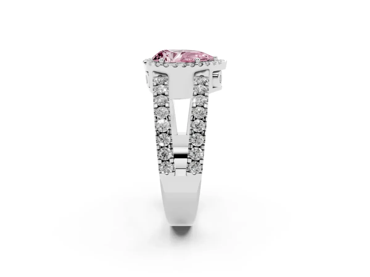 Fancy Pink Pear Cut Cut Halo Split Shank Diamond Ring with Four-Prong Setting Platinum