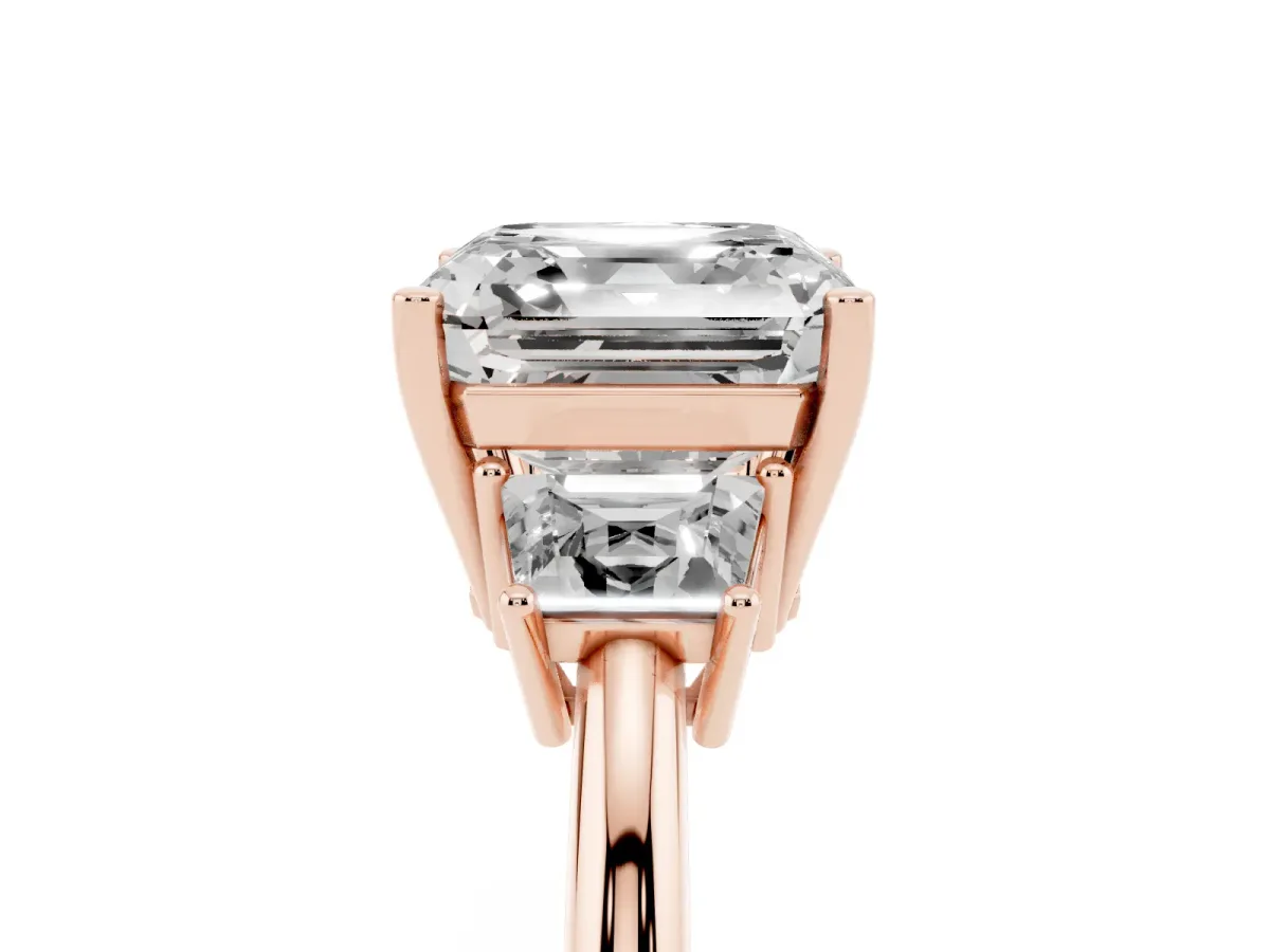 Asscher Cut Diamond Three-Stone Ring with Trapezoid Side Stones and Prong Setting Rose gold