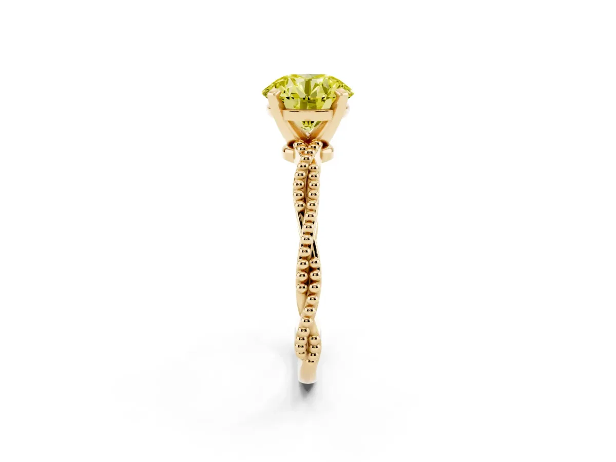 Fancy Yellow Round Cut Solitaire Twisted Band with Bead Prong Setting Yellow gold