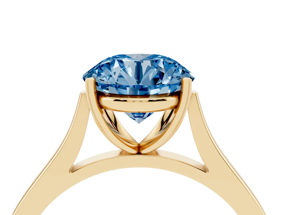 Fancy Blue Round Cut Solitaire Heart Prong Engagement Ring with Tapered Band Yellow gold
