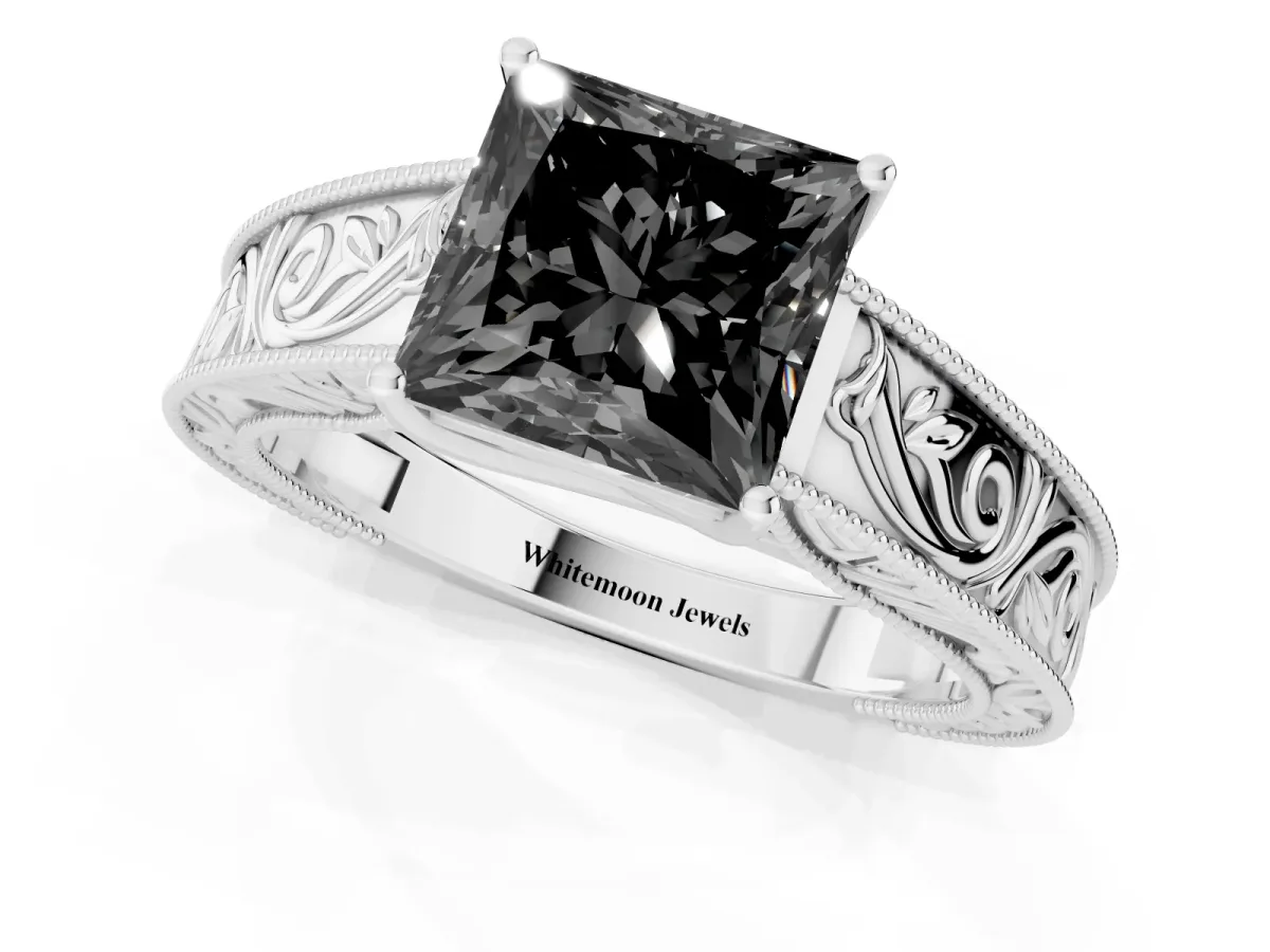 Fancy Black Princess Cut Diamond Solitaire Ring with Engraved Band and Four-Prong Setting Silver
