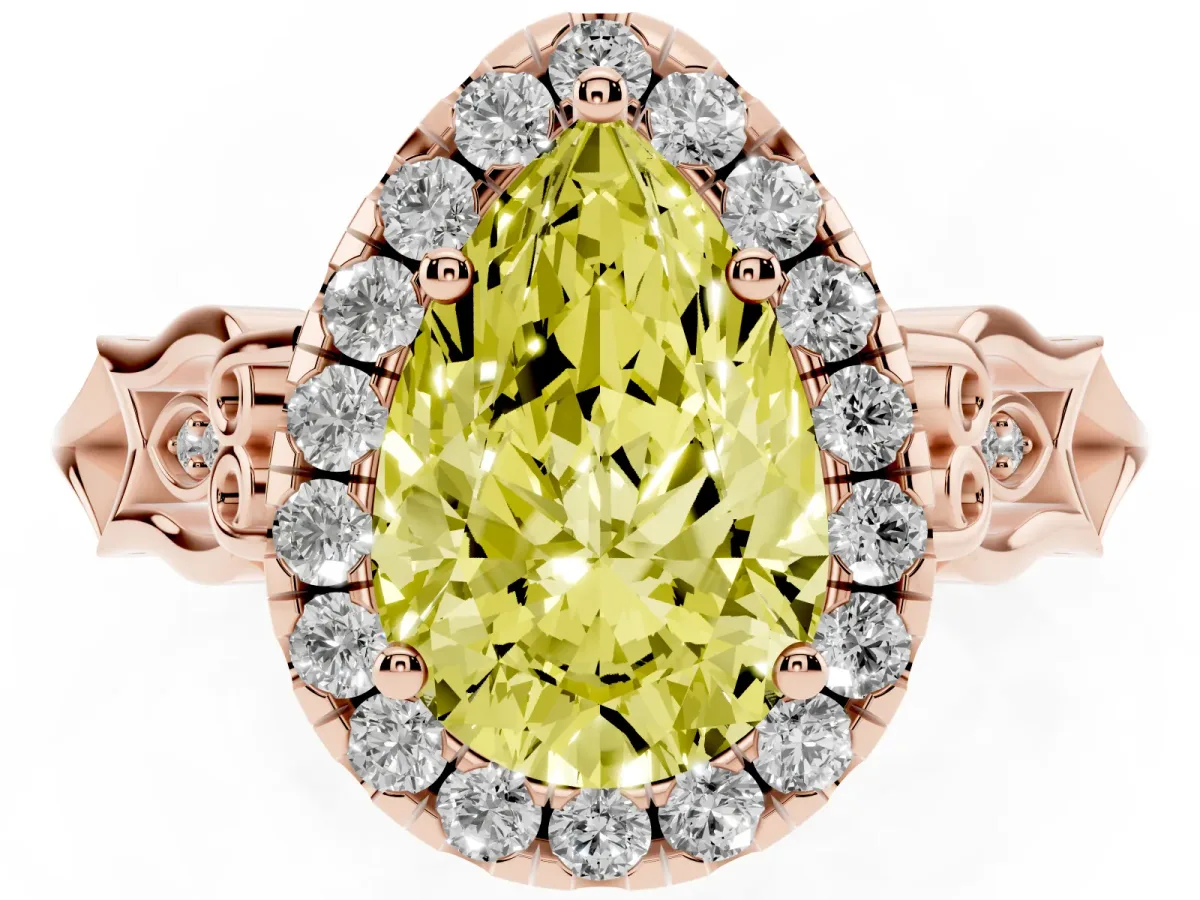Fancy Yellow Pear Cut Halo Diamond Engagement Ring with Filigree Band and Four-Prong Setting Rose gold