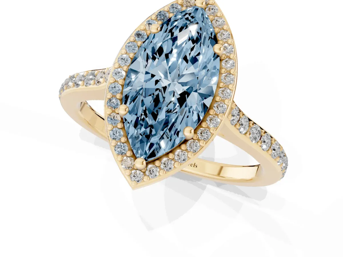 Fancy Blue Marquise Cut Diamond Halo Engagement Ring with Round Pavé Shoulders and Prong Setting Yellow gold