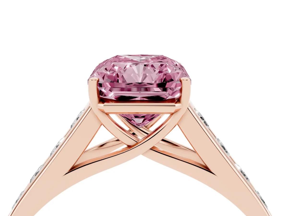 Fancy Pink Radiant Cut Solitaire Channel-Set Diamond Engagement Ring with Four-Prong Setting Rose gold