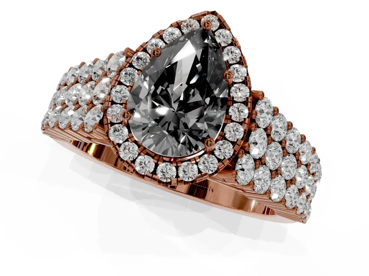 Fancy Black Pear Cut Diamond Halo Engagement Ring with Triple Row Round Pavé Band and Prong Setting Rose gold