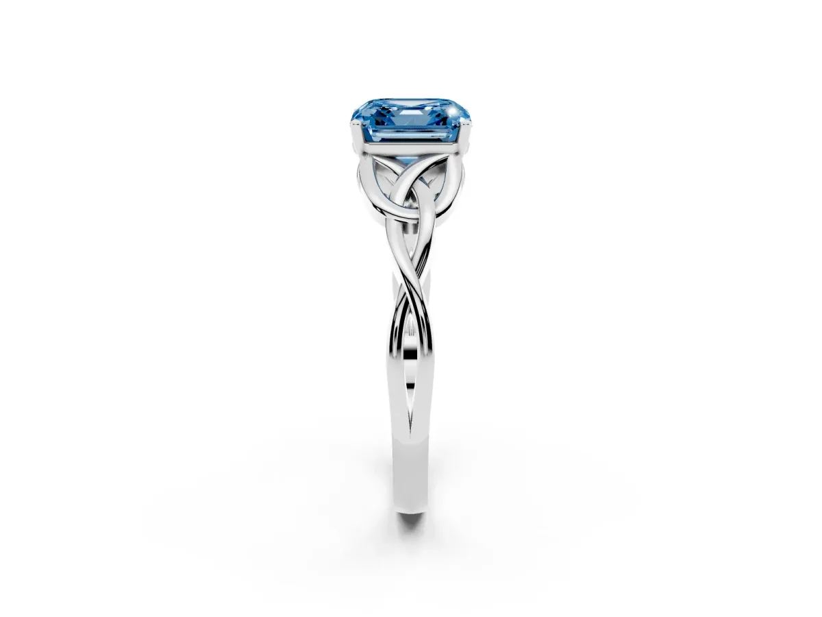 Fancy Blue Asscher Cut Diamond Solitaire Engagement Ring with Celtic Knot Band and Four-Prong Setting Silver